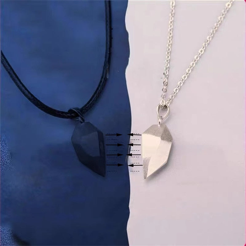 2Pcs Fashion Lovers Matching Friendship Heart Pendant Couple Magnetic Distance Faceted Heart Pendant Necklace Couple Jewelry