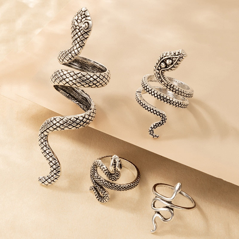 4pcs/set Vintage Snake Shape Rings for Women Men Gothic Silver Color Animal Exaggerated Metal Alloy Finger Ring Sets Jewelry